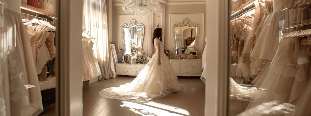 an Elegant Wedding Dress Hangs in a Softly Lit Boutique, Surrounded by Delicate Fabrics and Mirrors, While a Customer Looks on Thoughtfully, Casting a Shadow of Concern over the Intricacies of Wedding Preparations. - Scarlet Poppy Bridal Boutique - Scarlet Poppy Bridal Boutique