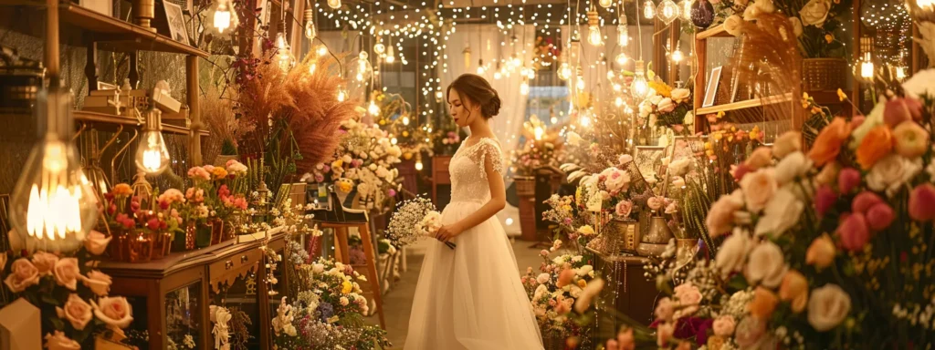 an Elegantly Decorated Boutique Showcases a Radiant Bride and Her Joyful Friends, Surrounded by Floral Arrangements and Twinkling Lights, Capturing the Essence of Memorable Wedding Experiences. - Scarlet Poppy Bridal Boutique - Scarlet Poppy Bridal Boutique