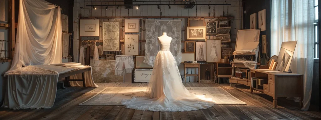 an Elegantly Lit Bridal Design Studio Showcases a Beautifully Draped Custom Gown Surrounded by Rich Fabric Swatches and Intricate Sketches, Embodying the Artistic Journey of Creating a Unique Bridal Masterpiece. - Scarlet Poppy Bridal Boutique - Scarlet Poppy Bridal Boutique