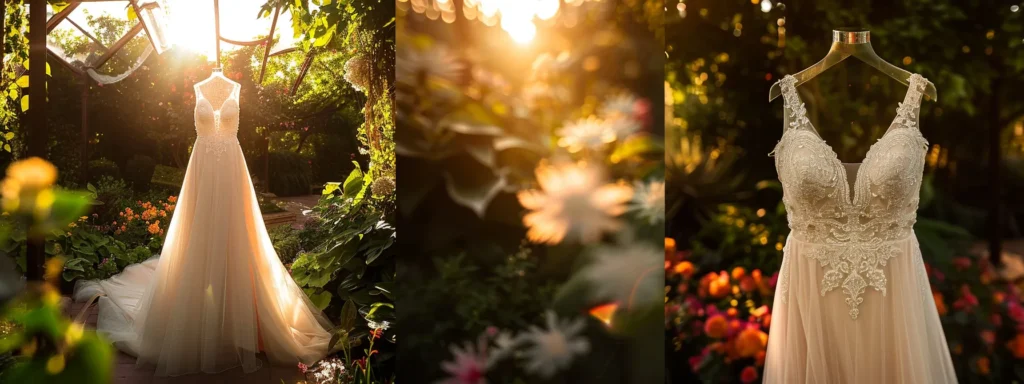 an Elegantly Styled High-low Wedding Gown, Adorned with Chic Accessories, Stands Against a Lush Garden Backdrop, Capturing the Essence of Modern Bridal Boldness with Vibrant Colors and Soft, Ethereal Lighting. - Scarlet Poppy Bridal Boutique - Scarlet Poppy Bridal Boutique