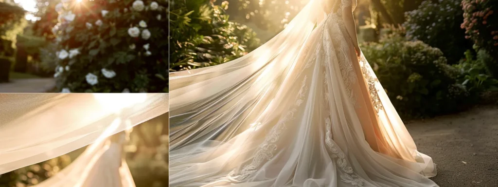 an Enchanting Bridal Gown in Rich Blush Silk Drapes Elegantly Against a Sunlit Garden Backdrop, Highlighting Intricate Lace Details and a Unique Off-the-shoulder Neckline That Exemplifies Modern Elegance and Personal Expression. - Scarlet Poppy Bridal Boutique - Scarlet Poppy Bridal Boutique