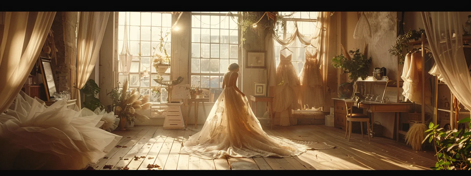 an Enchanting Bridal Shop Filled with Ethereal Wedding Gowns, Bathed in Soft, Warm Light That Enhances the Delicate Lace and Satin Textures, Inviting Brides to Experience Exceptional Service and Support. - Scarlet Poppy Bridal Boutique - Scarlet Poppy Bridal Boutique