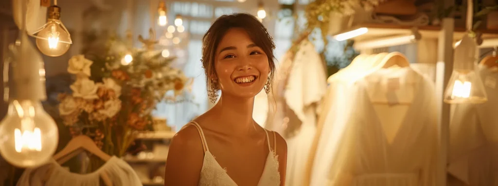 an Intimate Bridal Boutique Scene Unfolds with a Radiant Bride Surrounded by an Array of Exquisite Wedding Gowns, Basking in the Warm, Inviting Glow of Soft Lighting That Highlights Her Joyful Expression As She Explores Unique Options Tailored to Her Personal Style. - Scarlet Poppy Bridal Boutique - Scarlet Poppy Bridal Boutique