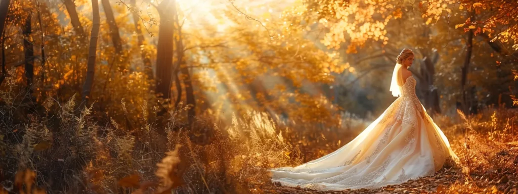 an Opulent Autumn Wedding Dress Gracefully Flows in a Sun-dappled Forest, Showcasing Rich Jewel Tones and Elegant Embellishments, Capturing the Essence of Seasonal Beauty and Bridal Sophistication. - Scarlet Poppy Bridal Boutique - Scarlet Poppy Bridal Boutique