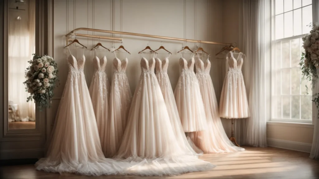 a Beautifully Arranged Bridal Boutique, Bathed in Soft Natural Light, Showcases an Elegant Array of Delicate Wedding Dresses Hanging Gracefully, Creating an Inviting and Dreamy Atmosphere for Brides-to-be. - Scarlet Poppy Bridal Boutique - Scarlet Poppy Bridal Boutique