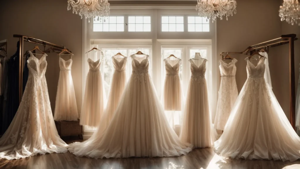 a beautifully arranged display of elegant wedding dresses with varying styles and textures, softly illuminated by warm light, inviting brides-to-be to explore their options amidst a serene boutique atmosphere. - Scarlet Poppy Bridal Boutique - Scarlet Poppy Bridal Boutique a Beautifully Arranged Display of Elegant Wedding Dresses with Varying Styles and Textures, Softly Illuminated by Warm Light, Inviting Brides-to-be to Explore Their Options Amidst a Serene Boutique Atmosphere. - Scarlet Poppy Bridal Boutique - Scarlet Poppy Bridal Boutique