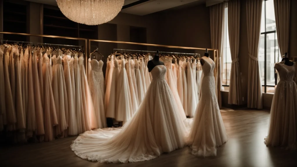 a Beautifully Lit Wedding Dress Boutique Showcases an Elegant Array of Exclusive Designer Gowns, Enveloped in a Warm and Intimate Atmosphere, Where Brides Explore Unique Customization Options with the Attentive Guidance of Knowledgeable Staff. - Scarlet Poppy Bridal Boutique - Scarlet Poppy Bridal Boutique