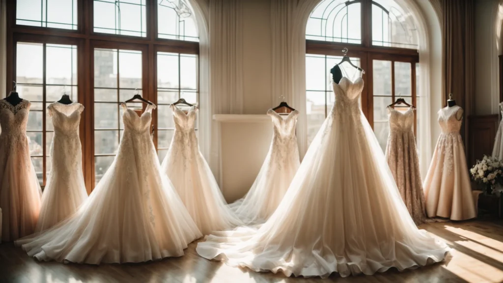 a Breathtaking Display of Exquisite Wedding Dresses Hangs Elegantly in a Sunlit Boutique, Showcasing a Diverse Array of Styles That Embody the Artistry of Local Designers for the Discerning Bride. - Scarlet Poppy Bridal Boutique - Scarlet Poppy Bridal Boutique