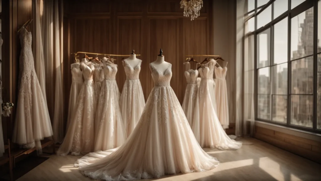 a captivating bridal boutique display features an array of elegant wedding dresses adorned with intricate lace and delicate embroidery, softly illuminated by natural light streaming through large windows, inviting brides to explore their dream gown options within a cozy, stylish atmosphere. - Scarlet Poppy Bridal Boutique - Scarlet Poppy Bridal Boutique a Captivating Bridal Boutique Display Features an Array of Elegant Wedding Dresses Adorned with Intricate Lace and Delicate Embroidery, Softly Illuminated by Natural Light Streaming Through Large Windows, Inviting Brides to Explore Their Dream Gown Options Within a Cozy, Stylish Atmosphere. - Scarlet Poppy Bridal Boutique - Scarlet Poppy Bridal Boutique