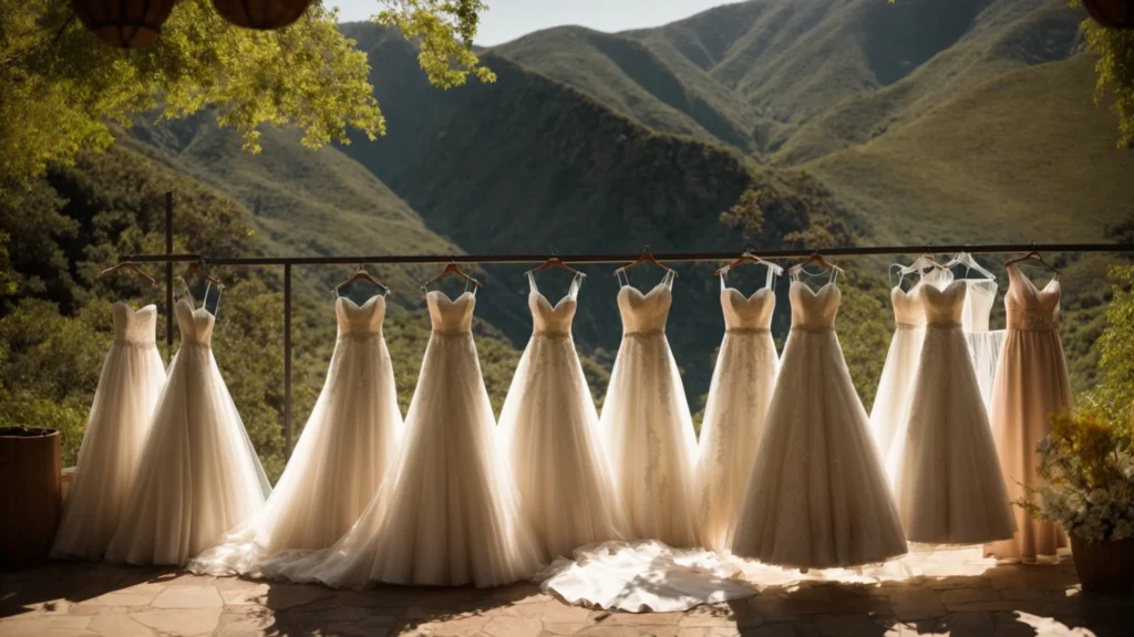 a Captivating Display of Wedding Dresses Hangs Elegantly Against a Backdrop of Diverse Regional Landscapes, Highlighting the Stark Contrasts in Pricing and Style Influenced by Geography Across the United States. - Scarlet Poppy Bridal Boutique - Scarlet Poppy Bridal Boutique