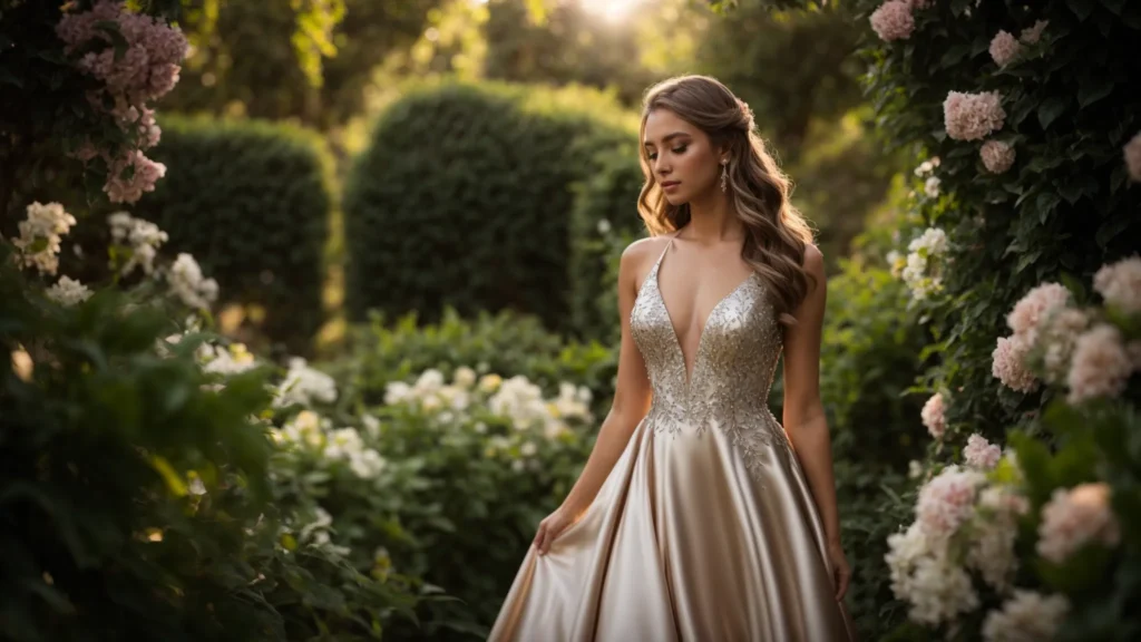 a Graceful Model in an Elegant Empire Waist Gown Made of Luxurious Satin, Captured in Soft, Natural Light Against a Lush Garden Backdrop, Exuding Sophistication and Timeless Beauty. - Scarlet Poppy Bridal Boutique - Scarlet Poppy Bridal Boutique