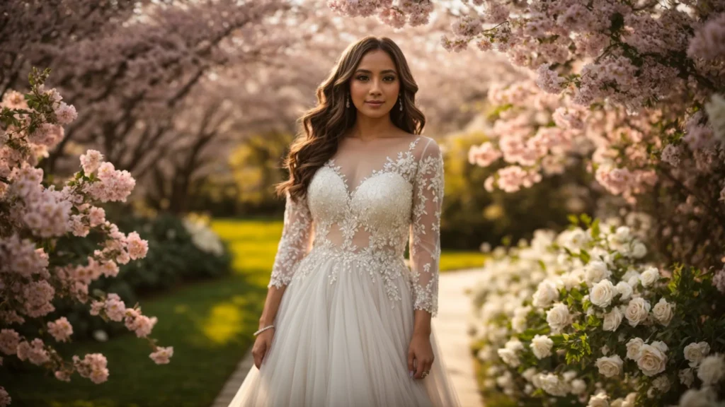 a Radiant Bride in a Flowing, Budget-friendly Wedding Dress Showcases Elegance Amid a Vibrant Backdrop of Spring Blooms, Capturing the Essence of Affordability and Style. - Scarlet Poppy Bridal Boutique - Scarlet Poppy Bridal Boutique