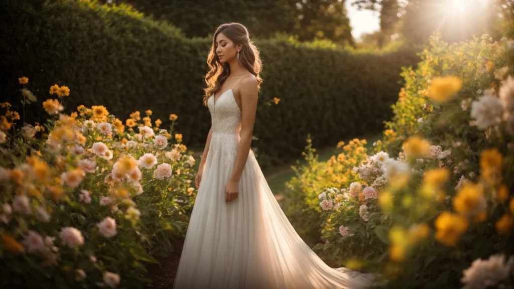 a Radiant Bride in a Flowing, Elegant Wedding Dress Stands Gracefully in a Sunlit Garden, Embodying the Perfect Blend of Style and Affordability Against a Backdrop of Blooming Flowers. - Scarlet Poppy Bridal Boutique - Scarlet Poppy Bridal Boutique