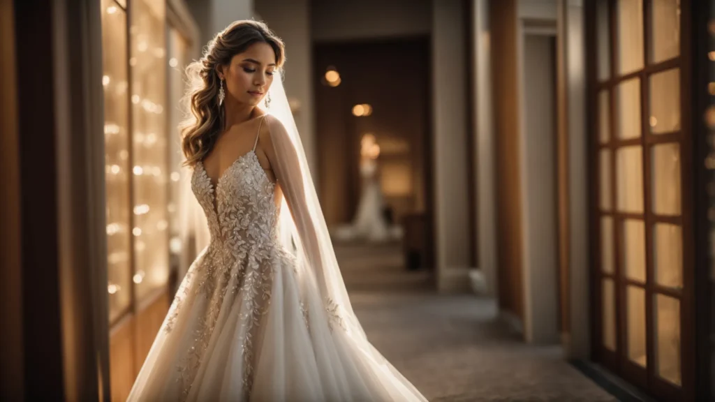 a radiant bride in an elegant wedding dress examines a stunning selection of gowns in a beautifully-lit bridal boutique, embodying the essence of budget-savvy elegance and style. - Scarlet Poppy Bridal Boutique - Scarlet Poppy Bridal Boutique a Radiant Bride in an Elegant Wedding Dress Examines a Stunning Selection of Gowns in a Beautifully-lit Bridal Boutique, Embodying the Essence of Budget-savvy Elegance and Style. - Scarlet Poppy Bridal Boutique - Scarlet Poppy Bridal Boutique