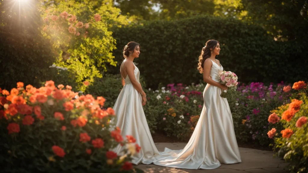 a Radiant Bride in an Elegant Yet Affordable Wedding Dress Stands in a Sunlit Minneapolis Garden, Surrounded by Vibrant Blooms, Embodying the Perfect Blend of Beauty and Budget-consciousness on Her Special Day. - Scarlet Poppy Bridal Boutique - Scarlet Poppy Bridal Boutique