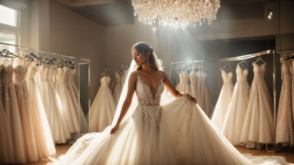 a Radiant Bride Stands Amidst a Sunlit Boutique, Surrounded by an Elegant Array of Wedding Dresses, Each Reflecting Her Unique Style and Joy on the Journey to Finding the Perfect Gown. - Scarlet Poppy Bridal Boutique - Scarlet Poppy Bridal Boutique