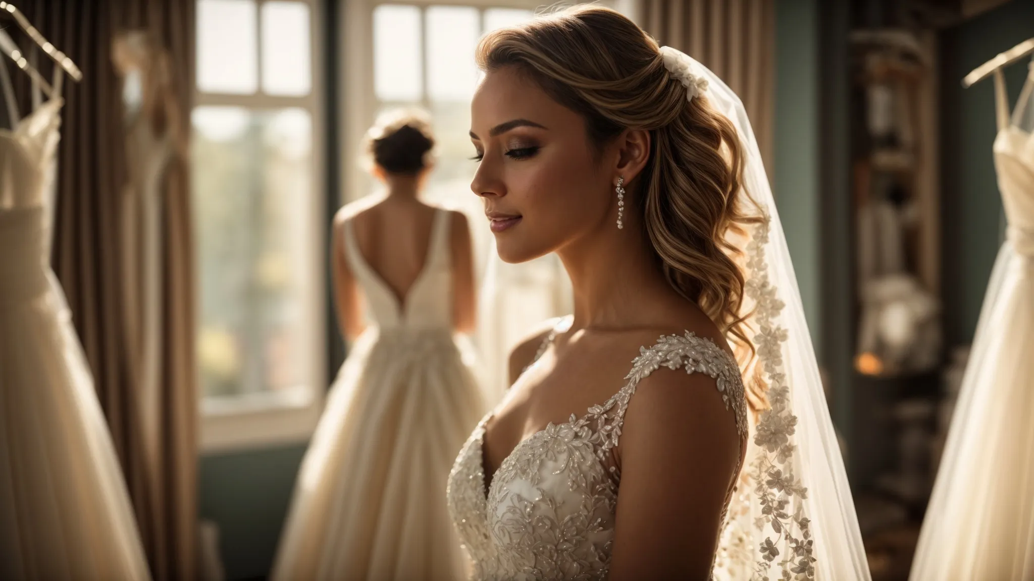 a Radiant Bride Stands Amidst a Sunlit Boutique, Surrounded by an Array of Elegant Wedding Dresses, Her Expression a Mix of Joy and Contemplation As She Navigates the Challenges of Finding Her Perfect Gown. - Scarlet Poppy Bridal Boutique - Scarlet Poppy Bridal Boutique