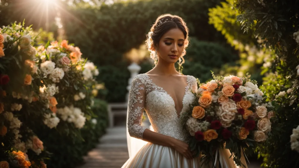 a Radiant Bride Stands Confidently in a Lush Garden, Adorned in a Stunning, Intricately Designed Wedding Dress, Showcasing a Perfect Blend of Elegance and Personal Style Amidst Vibrant Floral Arrangements. - Scarlet Poppy Bridal Boutique - Scarlet Poppy Bridal Boutique