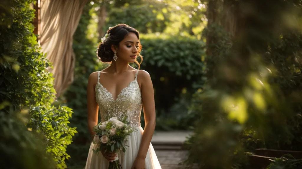 a Radiant Bride Stands Gracefully in a Sunlit Garden, Adorned in an Intricately Crafted Local Wedding Dress, Surrounded by Lush Greenery Symbolizing Sustainable Fashion and the Beauty of Supporting Local Artisans. - Scarlet Poppy Bridal Boutique - Scarlet Poppy Bridal Boutique