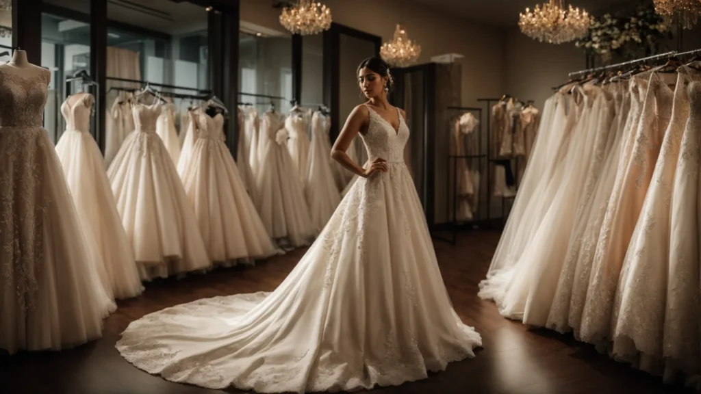 a Radiant Bride Stands in a Beautifully Adorned Bridal Boutique, Surrounded by an Array of Elegant Wedding Gowns, As an Experienced Consultant Offers Personalized Guidance Under Soft, Warm Lighting That Highlights the Intricate Fabrics and Luxurious Atmosphere. - Scarlet Poppy Bridal Boutique - Scarlet Poppy Bridal Boutique