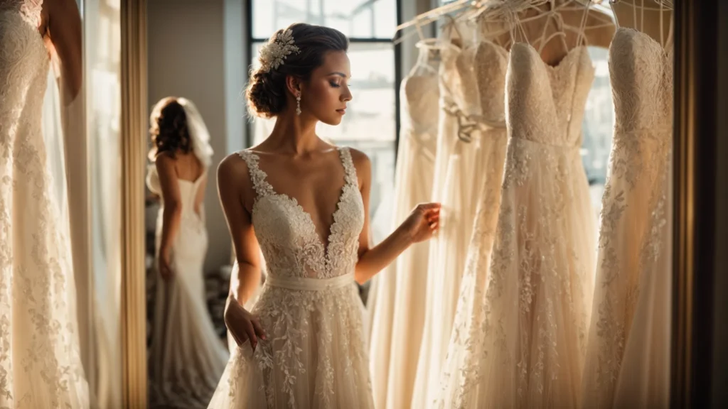 a Radiant Bride Stands in a Sunlit Boutique, Delicately Adjusting Her Flowing Wedding Gown, Surrounded by Mirrors That Reflect the Intricate Lace and Fabric, Symbolizing the Art of Fitting and Tailoring for Her Perfect Day. - Scarlet Poppy Bridal Boutique - Scarlet Poppy Bridal Boutique
