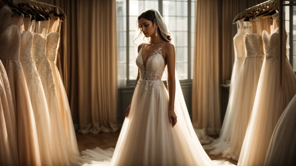 a Radiant Bride Stands in a Sunlit Bridal Boutique, Surrounded by Elegant Silk Gowns That Reflect Her Unique Style and Personality, As She Eagerly Anticipates Her Wedding Journey Ahead. - Scarlet Poppy Bridal Boutique - Scarlet Poppy Bridal Boutique