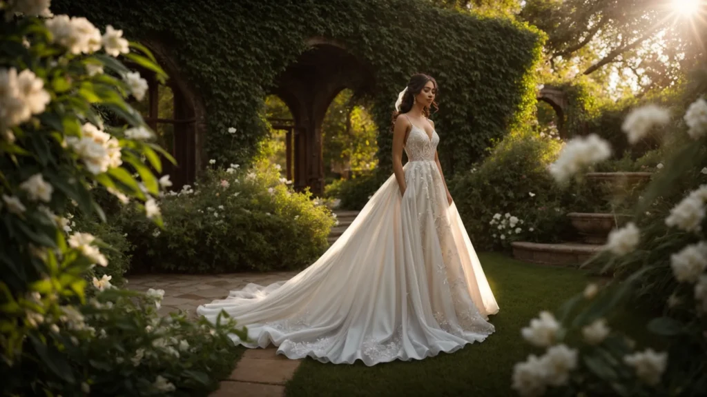 a Stunning A-line Gown Drapes Elegantly on a Bride Standing in a Sun-drenched Garden, with Soft, Flowing Fabric Accentuating Her Silhouette Against a Backdrop of Blooming Flowers and Lush Greenery. - Scarlet Poppy Bridal Boutique - Scarlet Poppy Bridal Boutique