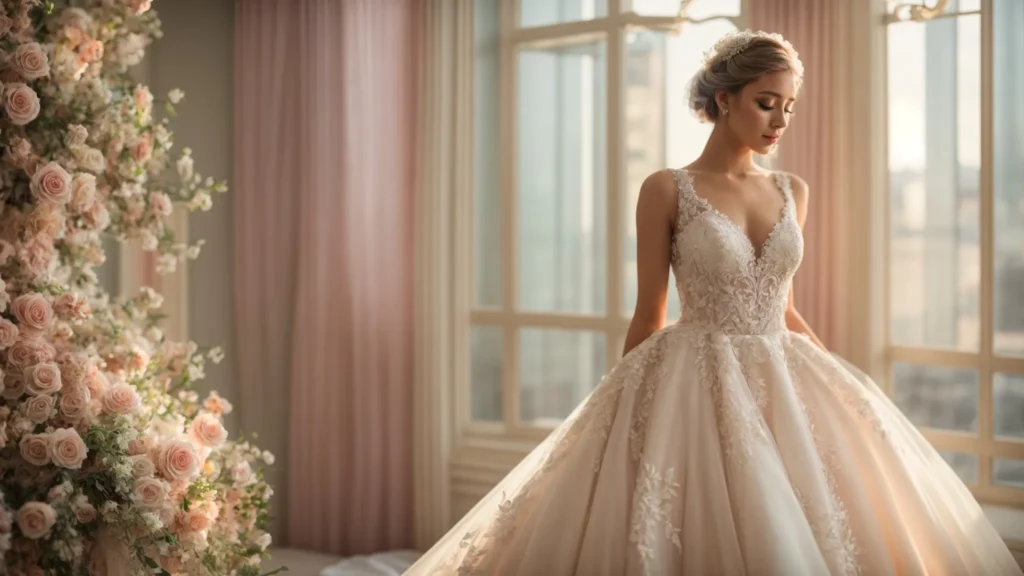 a Stunning Bridal Mannequin Adorned in a Luxurious Wedding Dress, Showcasing Intricate Lace Details and Flowing Fabric, Set Against a Soft, Dreamy Backdrop of Pastel Colors That Evoke a Sense of Elegance and Romance. - Scarlet Poppy Bridal Boutique - Scarlet Poppy Bridal Boutique