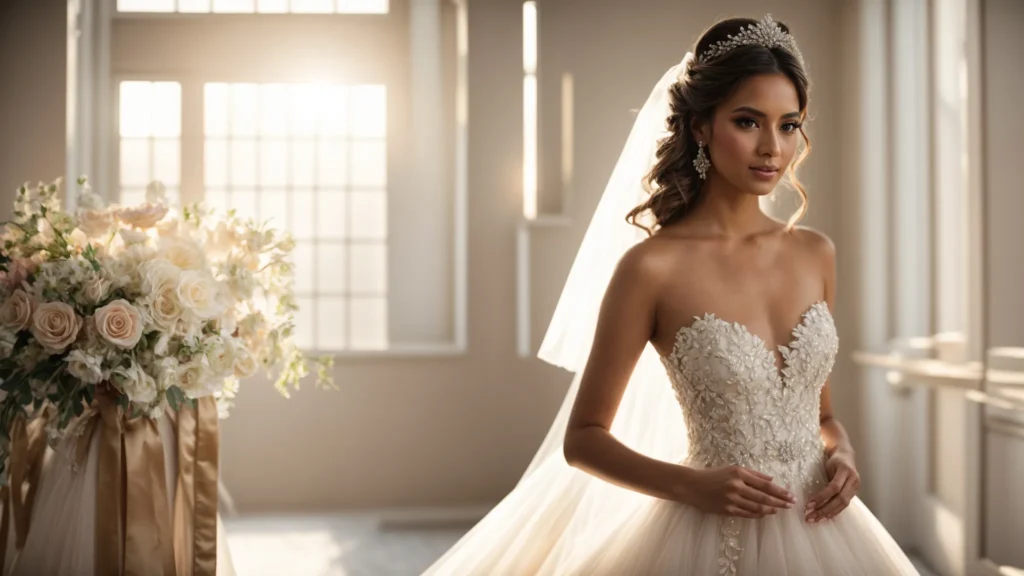 a Stunning Bridal Scene Showcases a Radiant Bride Donning a Beautifully Adorned Gown, Radiating Elegance with Budget-friendly Accessories, While Soft Natural Light Highlights Her Flawless Hairstyle and Fresh Makeup. - Scarlet Poppy Bridal Boutique - Scarlet Poppy Bridal Boutique