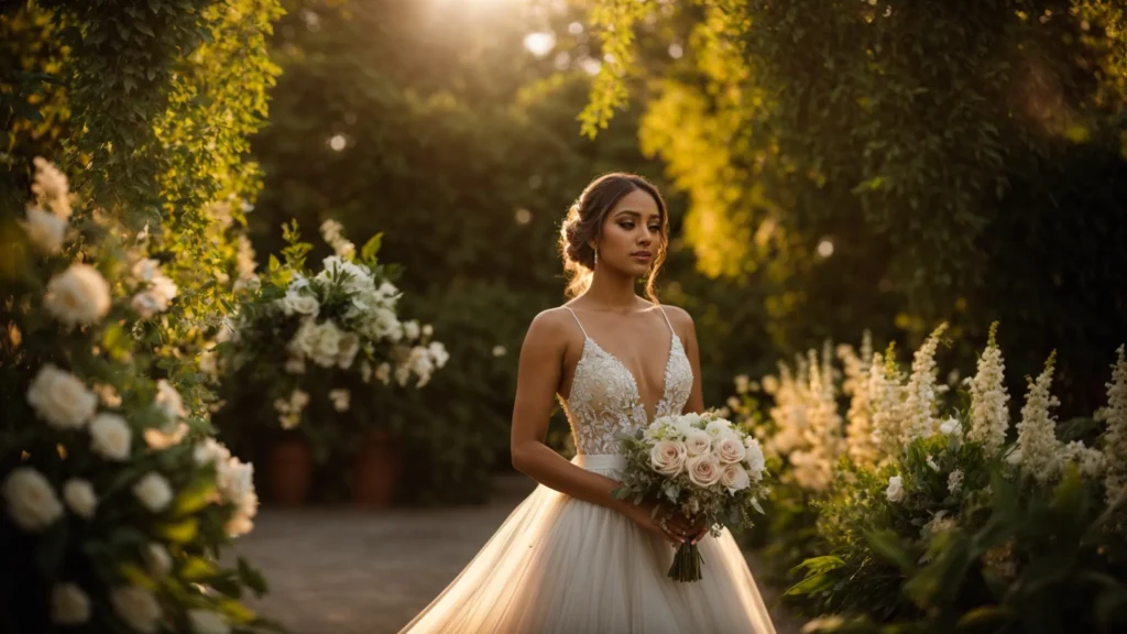 a Stunning Outdoor Wedding Scene Featuring a Graceful Bride in a Flowing Midi Gown, Radiating Elegance Under Soft Golden Hour Lighting, Surrounded by Lush Greenery and Delicate Floral Arrangements. - Scarlet Poppy Bridal Boutique - Scarlet Poppy Bridal Boutique