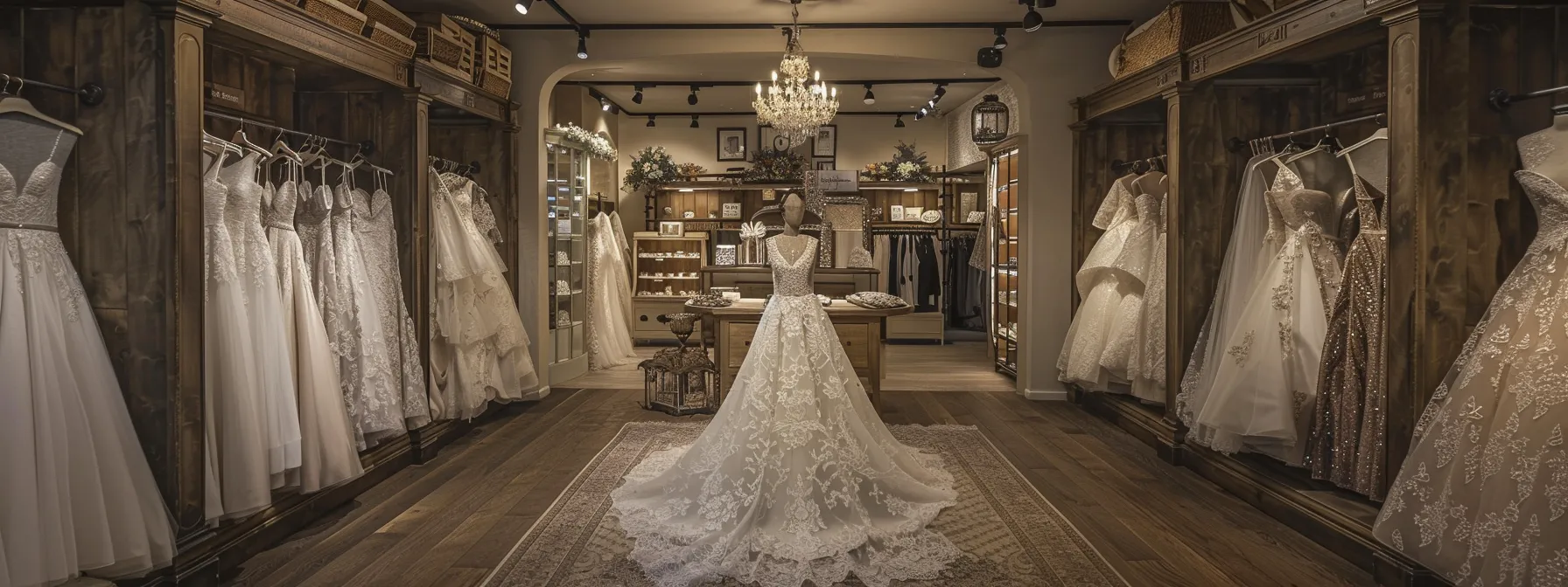 an Elegant Bridal Boutique in Leeds Filled with Exquisite Designer Gowns Illuminated by Soft, Warm Light, Showcasing Delicate Lace and Intricate Beadwork Against a Backdrop of Plush Décor. - Scarlet Poppy Bridal Boutique - Scarlet Poppy Bridal Boutique